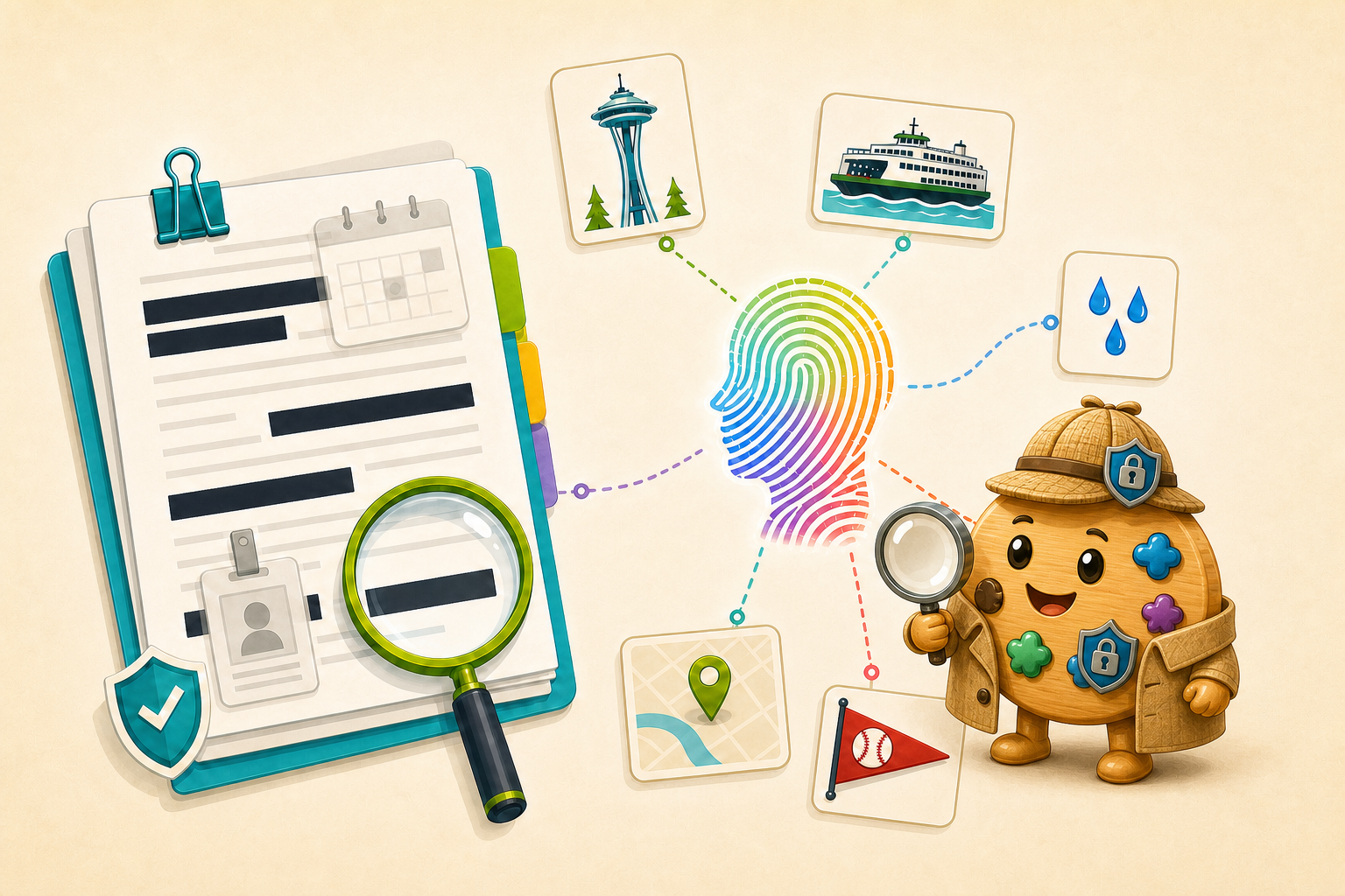 A redacted document on the left, its black bars hiding names and IDs, sits next to a rainbow fingerprint shaped like a human profile — reassembled from the latent clues that slipped past the redaction: Space Needle, ferry, rain, coffee, baseball pennant, map pin.
