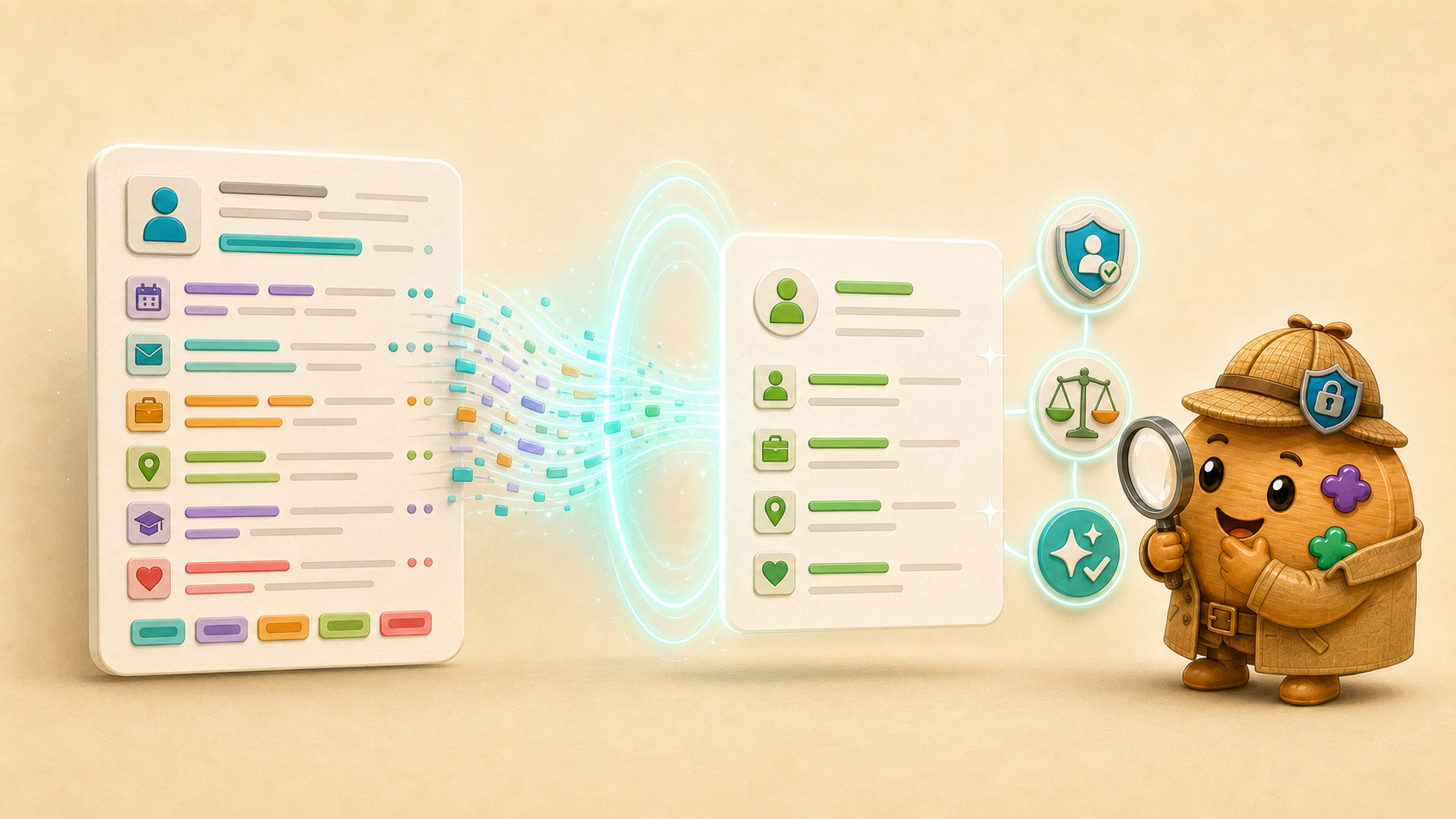 An illustration of a personal record being rewritten to reduce identifying details while preserving useful information, then reviewed by a privacy-focused detective.