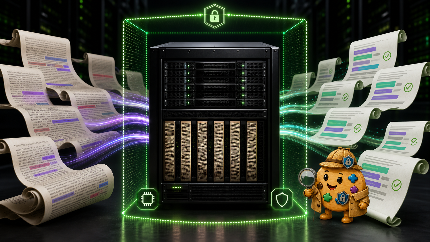 A B300 server inside a green privacy boundary transforms long highlighted legal scrolls into cleaner anonymized scrolls, with the Anonymizer mascot inspecting the output.