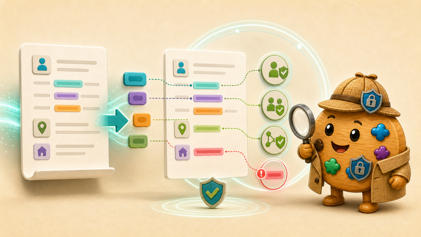 An illustration of anonymized records being evaluated for valid and inconsistent entity replacements by a privacy-focused detective.