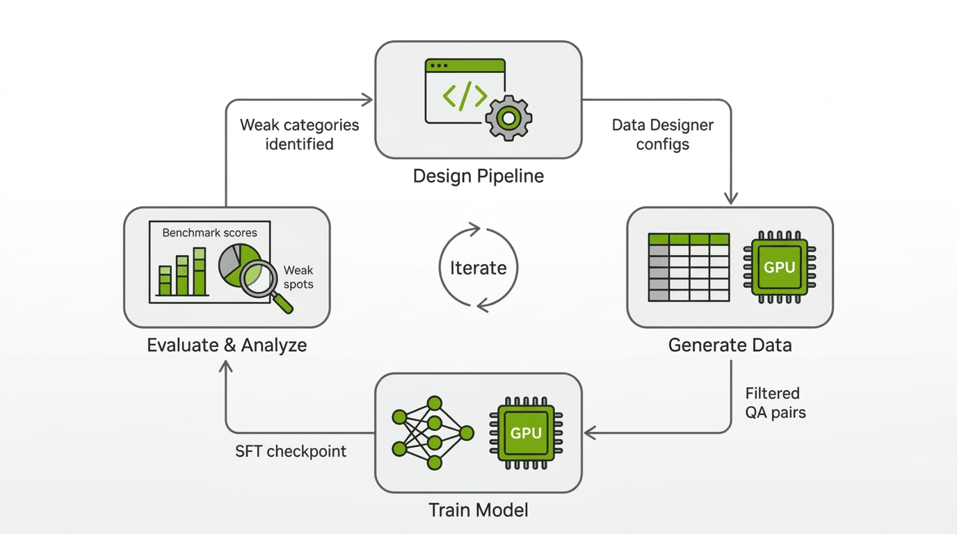 The iterative development loop: design pipeline, generate data, train model, evaluate and analyze, repeat
